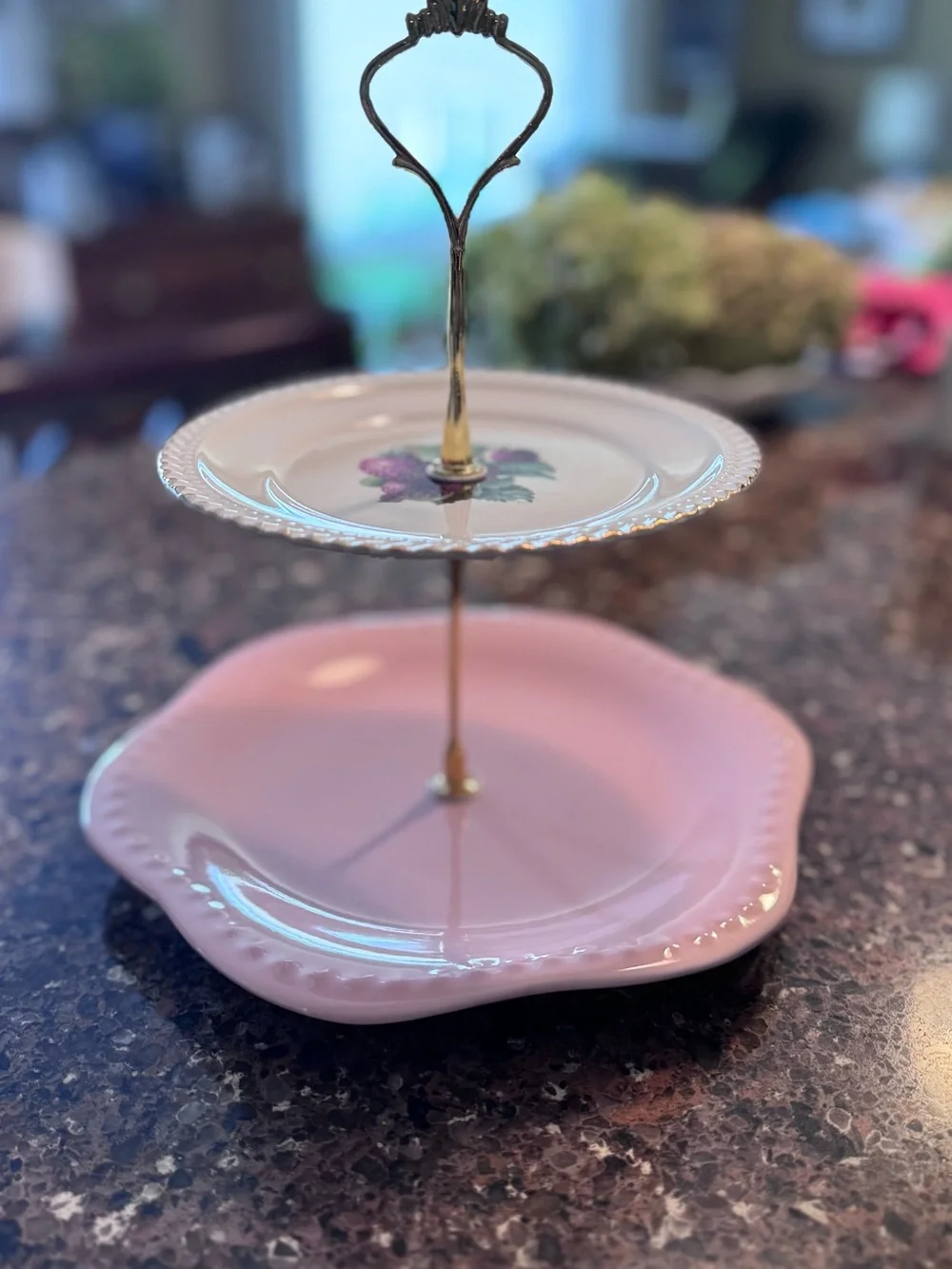 Vintage Two-Tier Serving Stand in Pink and White with Gold Handle
